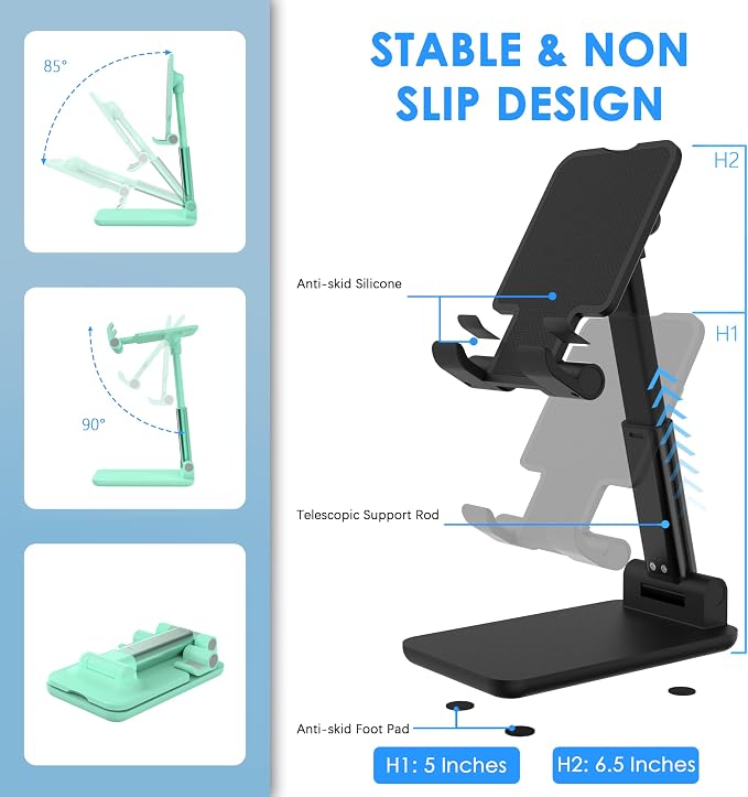 2 Pack Cell Phone Stand for Desk, Adjustable Angle & Height, Foldable Portable Phone Holder with Anti-Slip Silicone Pad, Compatible with iPhone 17/16/15/14/Smartphones 4–8 Inch, Black&Green