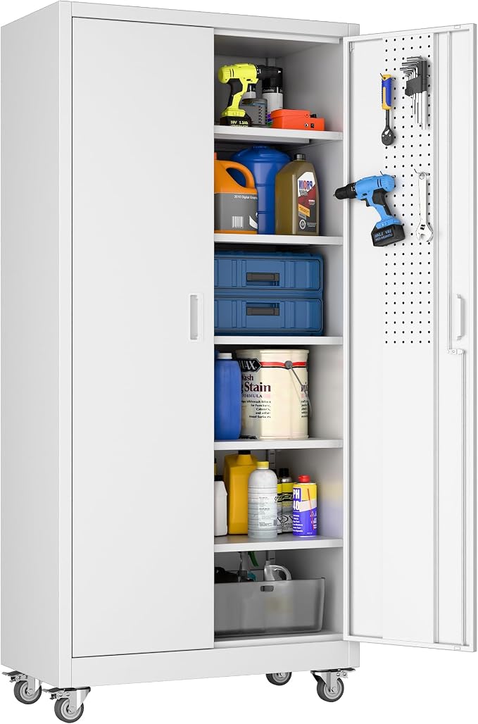 71" White Metal Storage Cabinet with Wheels, Pegboard and Lock | Required assembly; white metal cabinet with 4 removable casters, pegboard and 4 hooks, lock with 2 keys, and 5 shelves.