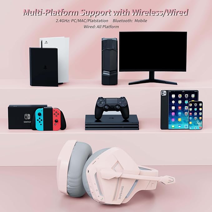 BINNUNE Wireless Gaming Headset for PS5 PC, 120H Ultra-Long Battery, 2.4GHz & Bluetooth 5.3 Wireless Gaming Headphones, PS5 Hadset Wireless with Mic, 50mm Drivers, Comfort Over Ear Headphones,Pink