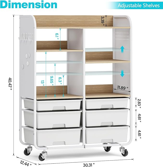 6 Drawers Rolling Storage Cabinet with Wood Top& Pegboards White | Utility Craft Cart with Adjustable Shelves & Lockable Wheels for Classroom, Home Office & Art Studio, Household Organization