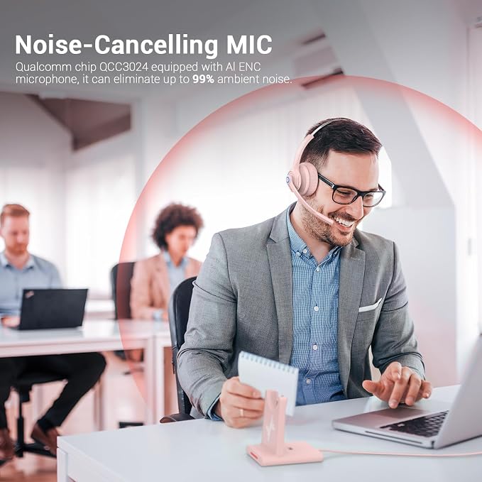 Bluetooth Wireless Headset with Mic for Work, Bluetooth 5.2, Advanced Noise Reduction Microphone, Clear Calls - Comfortable On-Ear Headphones, Applicable to PC, Laptop, Phone, Android, Zoom, Office