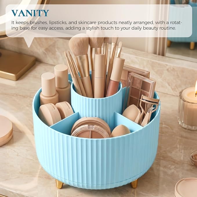 KONVINIT Pencil Pen Holder for Desk, 5 Slots 360-Degree Rotating Desktop Organizer, Cute Desk Organizers and Accessories for School, Home, Office and Art Supply, Blue