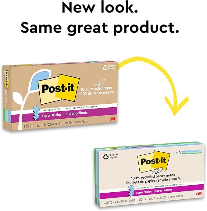 Post-it Super Sticky 100% Recycled Pop-up Notes, 3 in. x 3 in., 70 Sheets, 6 Pads, Oasis Collection, New Year Organization or Second Semester School Supplies