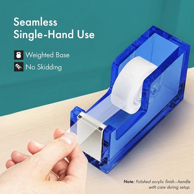 OfficeGoods Acrylic Tape Dispenser, Aesthetic and Compact Design, Blue | Modern desk accessory for office, Heavy duty refillable tape holder for crafting, Stylish desktop accessory for gift wrapping