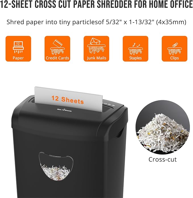 Suntiko 12 Sheet Home Office Cross Cut Shredder Black | P-4 Security Level, Jam-Proof System, 6.6Gal Bin, Shredder for Paper/Credit/Card/Mail，ETL Certified