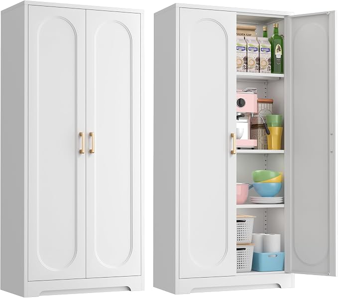 60" Tall Metal Storage Cabinet with Doors, White Pantry Cabinet | Metal Kitchen Pantry Cabinet, kitchen Cupboard, Metal Cabinet for Garage, Dining Room, Home Office, Living Room & School