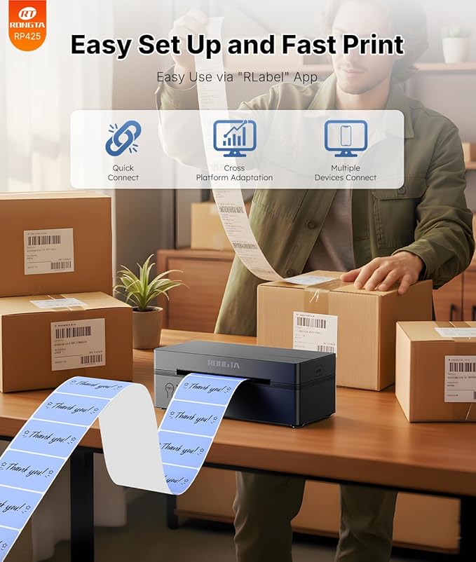 Rongta Bluetooth Thermal Shipping Label Printer, Wireless 4x6 Label Printer for Shipping Packages&Small Business, Compatible Windows/Mac/Android/iOS, Support USPS, UPS, Etsy, Shopify, RP425
