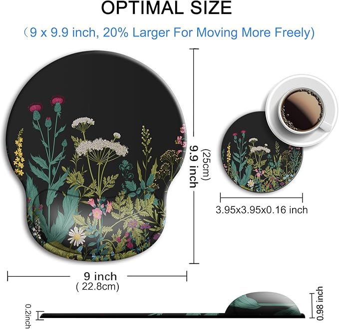 Ergonomic Mouse Pad with Wrist Support Rest,Large Mousepad Gel Wrist Rest, with Coaster Non-Slip & Pain Relief for Computer, Desk, Home&Office-Flowers2