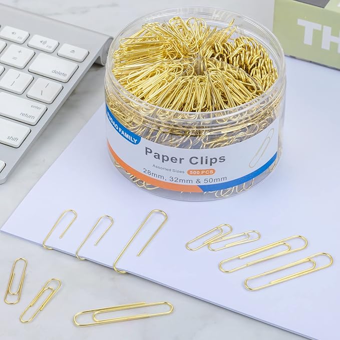 FUDAO FAMILY Assorted Sizes Paper Clips, 500 PCS - Gold, Small, Medium, Large