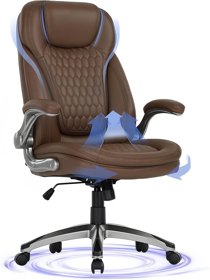 COLAMY Executive Office Chair-Ergonomic Computer Desk Chair, High Back Leather Chair with Padded Flip-up Arms, Swivel Home Office Chair Upgraded Caster, Brown