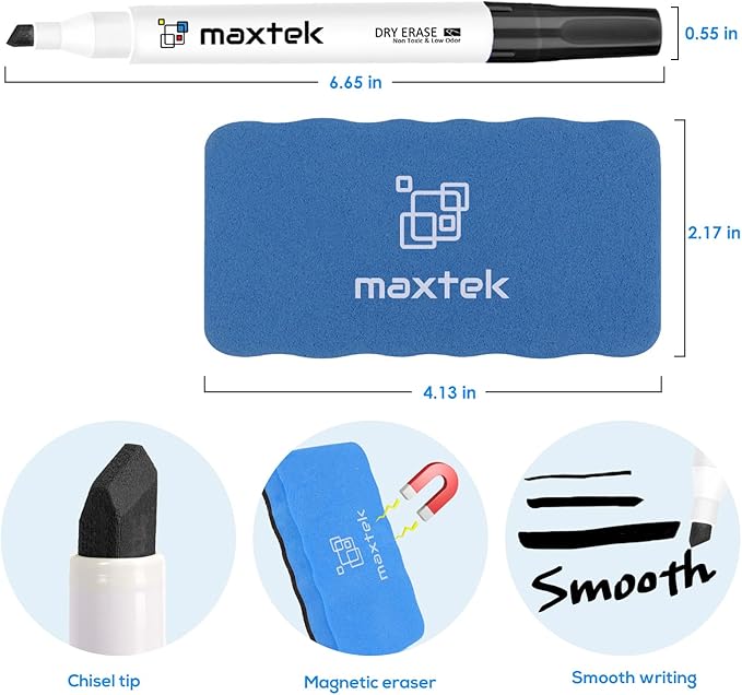 maxtek Black Dry Erase Markers 4 Count with 1 Magnetic Eraser, Low Odor Chisel Tip for Office, School, Classroom