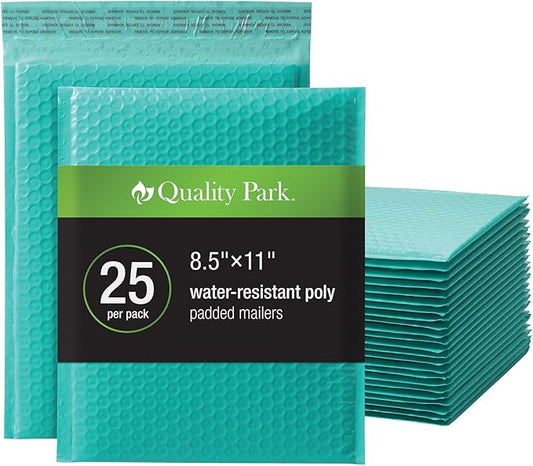 Quality Park Bubble Mailers, 8.25 x 11 Shipping Envelopes, Water Resistant Teal Poly Padded Envelopes, Redi-Strip Peel Off Closure, 25 Per Box (QUA85860)