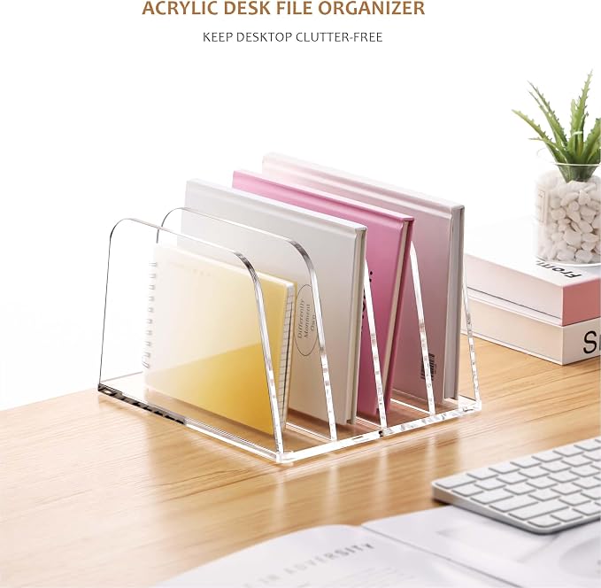 YUXUN Desk File Organizer Upright Clear Acrylic Desktop Organizer File Sorter Office Organization File Holder 4-Section Bookshelf for Home, Office & Classroom