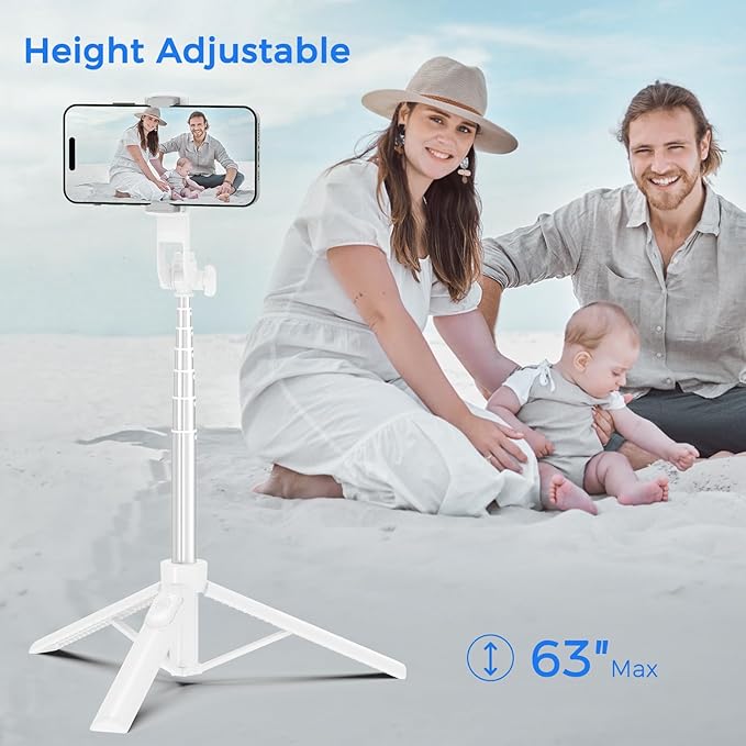 Selfie Stick Travel Tripod for Cell Phone with Remote Control and Phone Holder, Extendable Selfie Stick for iPhone, iPhone Tripod for Video Recording, 63 Inch, White