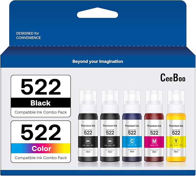 CEEBOO 522 High Capacity (5 Bottles) Refill Ink Bottle Replacement for Epson Compatible 522 Ink Refill Bottles (Not Sublimation Ink) Use for EcoTank ET-2803 ET-2800 ET-2720 ET-4800 Printer