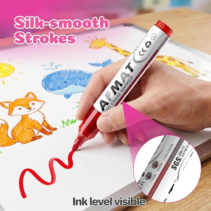 AFMAT Dry Erase Markers, 3x High Capacity, Liquid Bullet Tip Whiteboard Markers with Visible Ink Level, Low Odor Erasable Markers for Teachers, Classroom Essentials, Office Supplies[12 Colors,16 Pack]