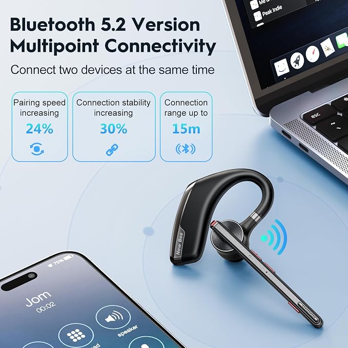 New Bee Bluetooth Headset, Dual Mic Noise Cancelling Bluetooth Earpiece | 80h Playtime, 500mah Charging Case,Crystal-Clear Calls, Bluetooth 5.2 Hands-Free Earphones for Office Driver
