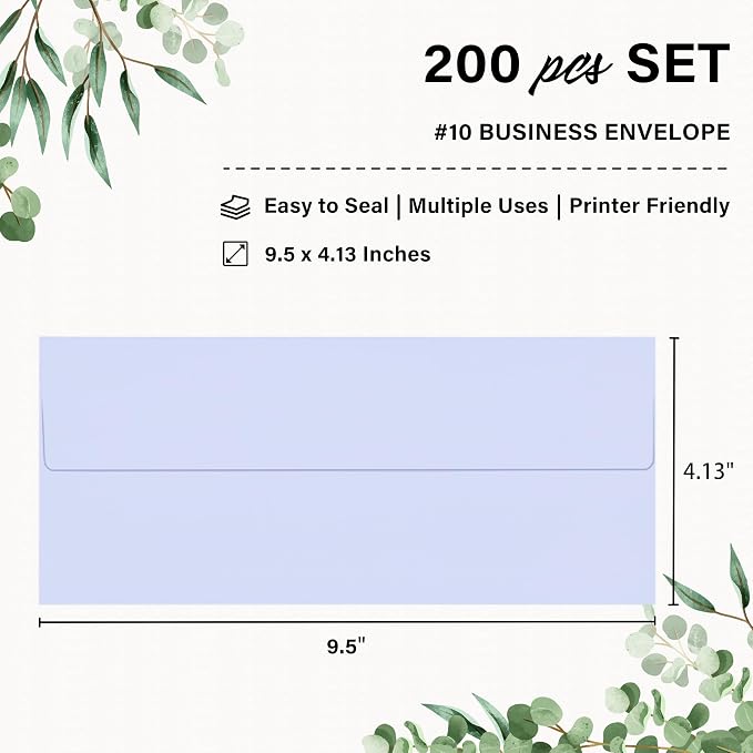 200 Pack #10 Lavender Envelopes Letter Size Self Seal Business Envelopes | Security Mailing Envelopes, 4 1/8 x 9 1/2 Inches