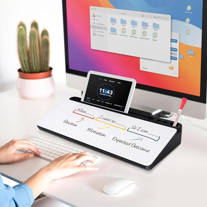 DOLLAR BOSS Glass Desk Whiteboard Small Dry Erase Board, Black | Desktop White Board with Storage Drawer, Computer Keyboard Stand, Desk Organizer, Office Supplies, With Markers, Eraser