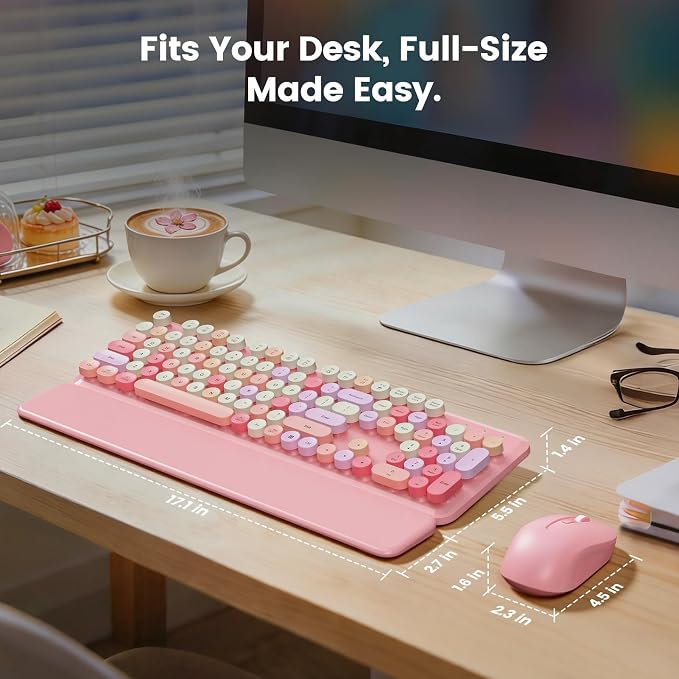 Wireless Keyboard and Mouse Combo with Magnetic Wrist Rest, Round Keycaps, Full-Size Retro Typewriter-Style Keyboard, Two-Stage Tilt Legs, Auto-Sleep, 2.4GHz for Windows PC Laptop, Pink Colorful