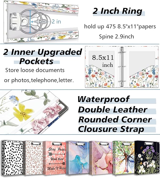 3 Ring Binder 2 Inch for 8.5"x11" Paper, Three Ring Binders with Clipboard, 5 Dividers with Tabs and Pockets, Plastic Folder, 18 Divider Stikers,Cute Binder with Pen Holder,Blue Bloom