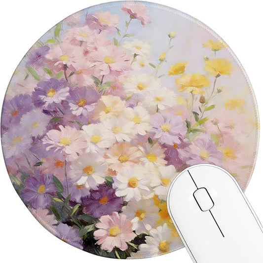 Round Mouse pad, high-end Texture, Sewn Edge Design, Anti-Slip Rubber Base. 8.6 x 8.6 inches (Pastel Flowers)