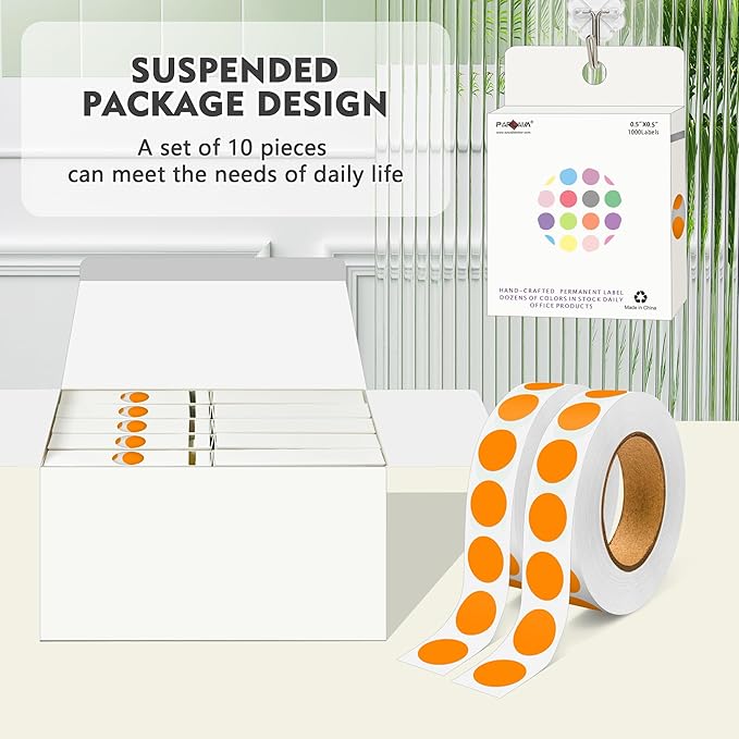 PARLAIM 10000pcs 1/2 Inch Diameter Round Color-Code Dot Stickers, 10 Rolls Adhesive Orange Circle Labels for Office Classroom