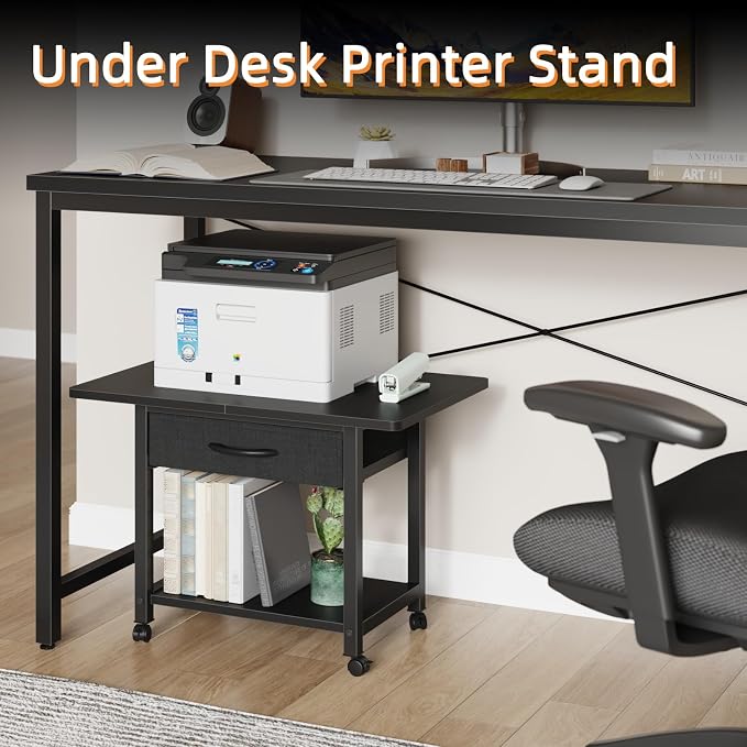 YAOHUOO 22"x15" Large Printer Stand with Drawer, 2-Tier Rolling Table Cart | Under Desk Printer Table,Storage Fabric Drawer,Fit printer/fax/3d/scanner,4 Lock Wheels or Feet,For Home Office Dorms,Black