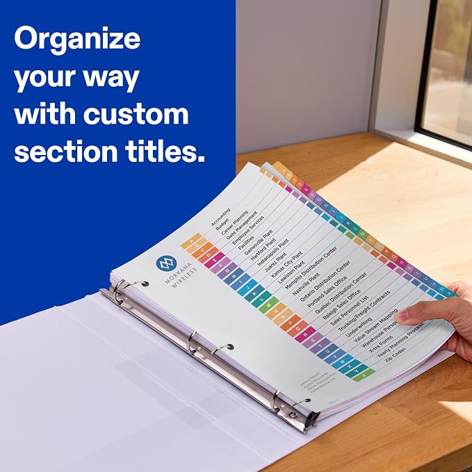 Avery A-Z Dividers for 3 Ring Binders, 26 Tabs per Set, Customizable Table of Contents, Multicolor Tabs, Great for Organizing Reports, Projects, and More (11125)
