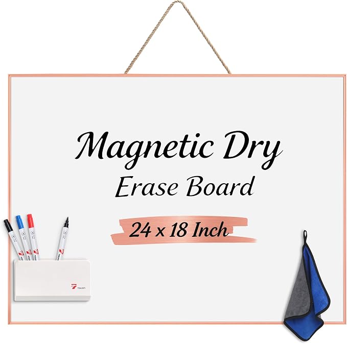 TOWON Magnetic Dry Erase Board 24x18 in, Narrow Aluminum Frame, Rose Gold | Wall mounted or hanging white board for home office, apartment and dorm decor, mounting hardware and rope