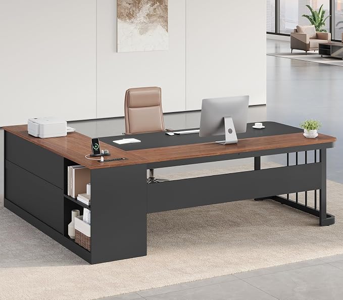 71" Executive Desk, Large Office Desk with Drawers & Storage Shelves, Modern L Shaped Computer Desk Corner Desk with Power Outlets, File Cabinet, Business Furniture Desk Workstation (Walnut)