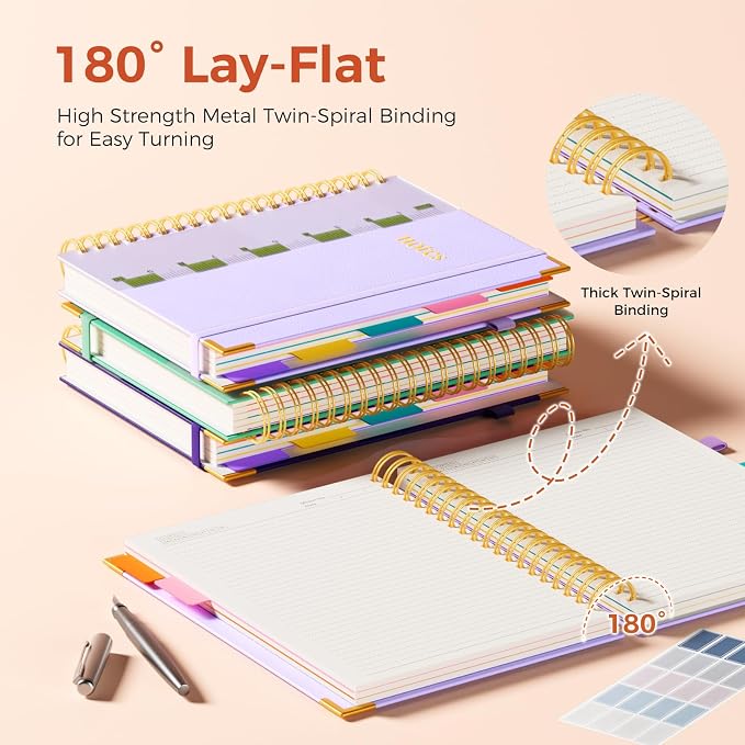 XYark A4 Hardcover Spiral Notebook, 8.5"x11" College Ruled Notebooks with Removable Dividers Tabs & Ruler, 5 Subject Notebook 300 Pages, Large Lined Journal for Women School Work Office, Light Purple