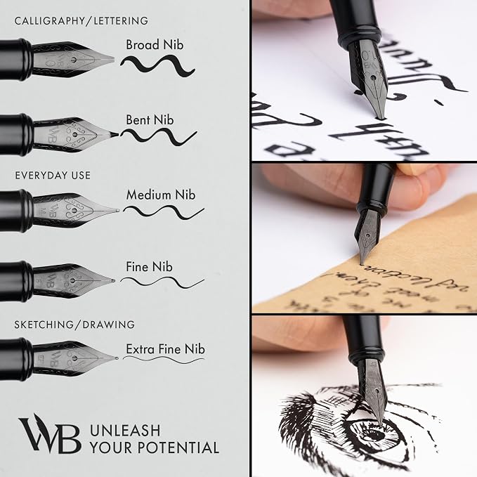 Wordsworth & Black Luxury Fountain Pen Set for Writing, Bent Nib, All Black | Gift for Men & Women, Brass Body, German Iridium, Calligraphy, Converter + 24 Ink Cartridges, Refillable, Leak-Free