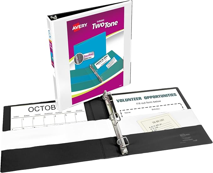 Avery® Two-Tone 3 Ring Binder, 1" Slant Rings, 1 White/Black Binder | For School, Home and Office Organization, DuraHinge Tear-Resistant Spine, DuraEdge Split-Resistant Edges, Clear Overlays