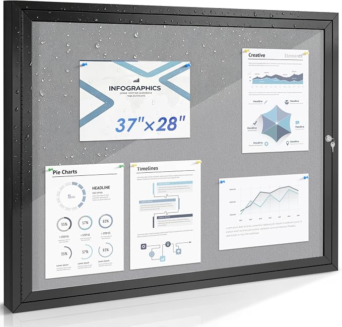 SWANCROWN 37x28 in Outdoor Bulletin Board Wall Display Case, Black Frame | Enclosed, Weatherproof, Shatter Resistant, Grey Felt, Black Aluminum Frame, Notice Board for Office School Business Community