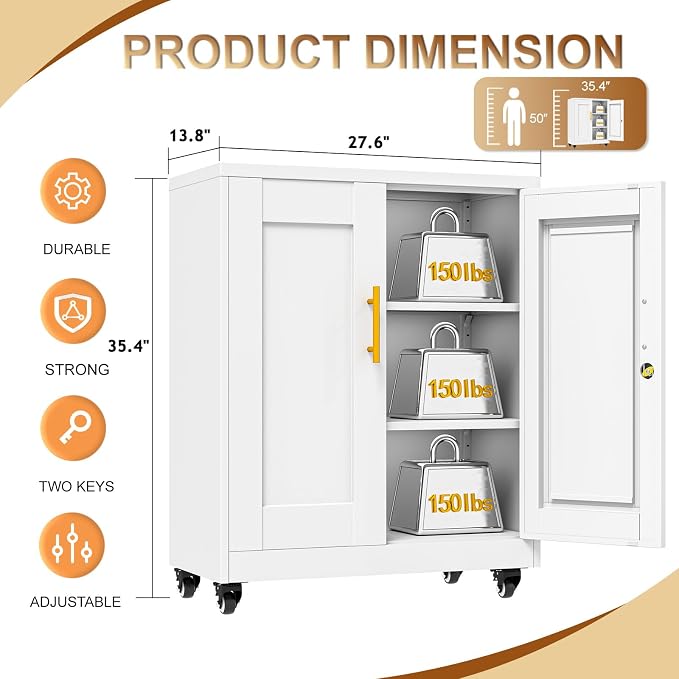 36" Metal File Garage Storage Cabinet with Lock and Wheels,Rolling Steel Locker Organizer,Office File Cabinet with 2 Doors and 2 Adjustable Shelves,Tool Cabinets for Home Office,Gym,School (White)