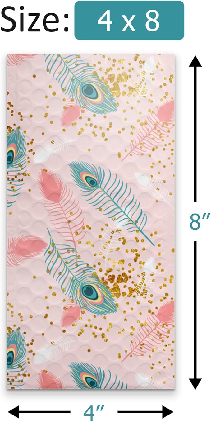 4x8 (20pcs) Pink Peacock Designer Self Seal Poly Bubble Mailers Shipping Envelopes Padded Bags