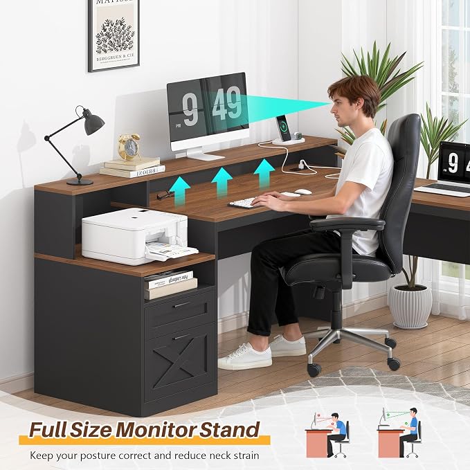 63" Farmhouse L Shaped Desk with Drawers & Shelves for Home Office | Gaming Desk with Power Outlets & LED Lights, Corner Desks with File Drawer, Printer Shelf, Monitor Stand, Brown & Black