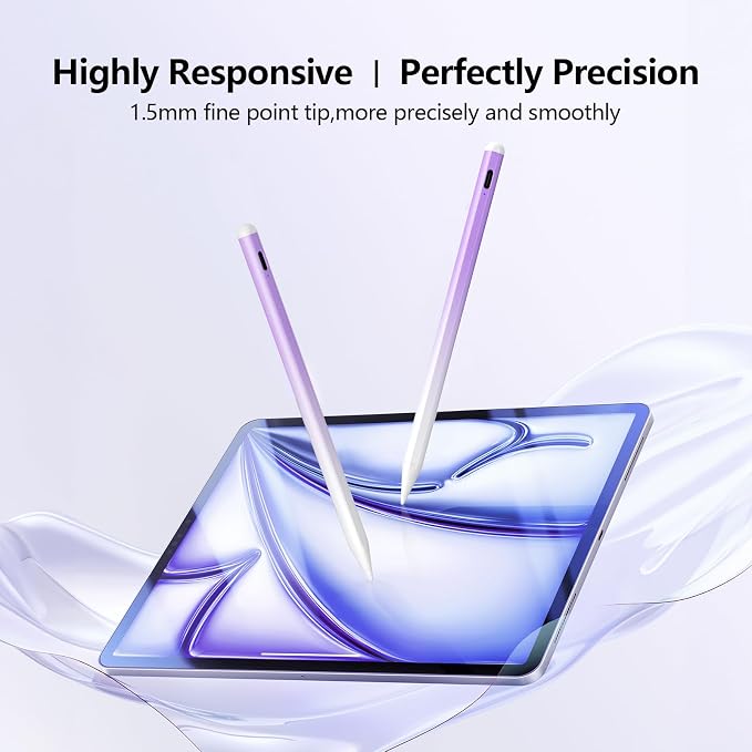 Stylus Pen for iPad 6-11th Gen 2X Fast Charge, Palm Rejection-White Purple | Tilt Sensitivity, USB-C Charge, Compatible with 2018-2026 Apple Pencil iPad Pro 11/12.9/13, Air 3/4/5/M2/M3/M4, mini 5/6/7