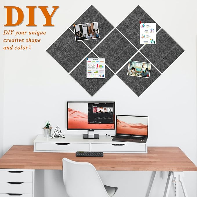 Large Square Felt Cork Board Tiles, Self Adhesive DIY Felt Bulletin Board Pin Board with 35 Pushpins for Office School Home Wall Decor Stickers Memos Photos Display (Deep Grey)