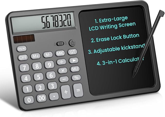 Desk Calculator with 7" LCD Writing Tablet, Stable Foldable Kickstand with Ergonomic 15° Viewing Angle, 12-Digit Large Display, Solar & Battery Dual Power, 2-in-1 Notepad Calculator -Black