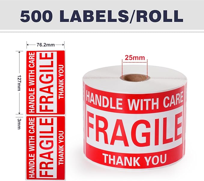 3 x 5 Inch Fragile Stickers Handle with Care 500 Permanent Adhesive Fragile Stickers for Shipping Moving Glass Commercial Grade Fragile Labels (1 Roll, 500 Labels)