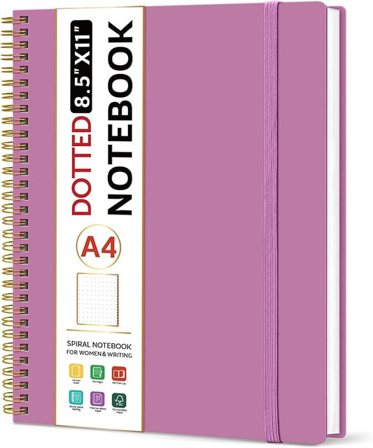 Taja Spiral Dotted Notebook, 8.5"x11" Notebooks for Work, Large A4 Journal for Women & Men, Dotted Journal, Journaling Notebook for Writing, Plastic Cover Spiral Journal,Purple