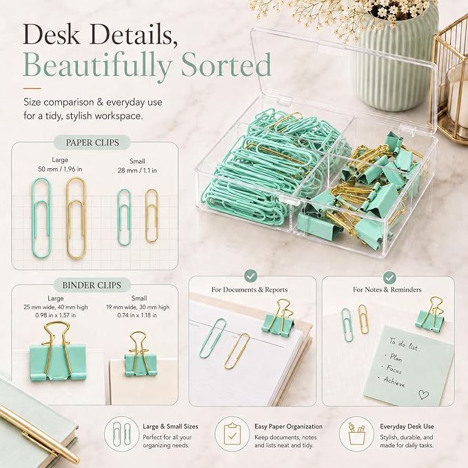 Paper Clips and Binder Clips Set, Green & Gold, Assorted Size Clips