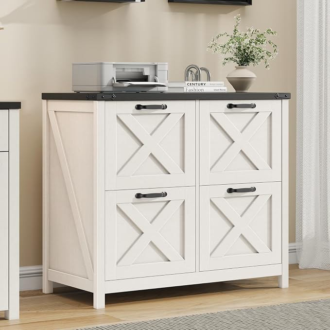 Halitaa Farmhouse Lateral File Cabinet with 4 Drawers, White and Black | Lateral Filing Cabinet for Letter/A4 Size Hanging File, Wood File Storage Cabinet Printer Stand for Home Office Cabinet