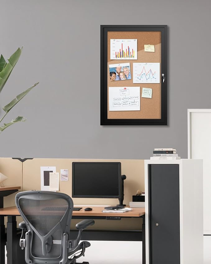 Mifuro 36"x24" Enclosed Bulletin Board, Outdoor Lockable Weather-Resistant Aluminum Cork Noticeboard for School & Office Hospital, Black Frame w/Cork