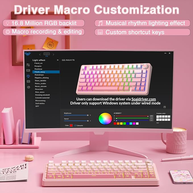 AULA F75 Pro Wireless Mechanical Keyboard Silent Version,75% Hot Swappable Custom Keyboard with Knob,RGB Backlit,Pre-lubed Switches,Side Printed PBT Keycaps,2.4GHz/USB-C/BT5.0 PC Gaming Keyboards,Pink