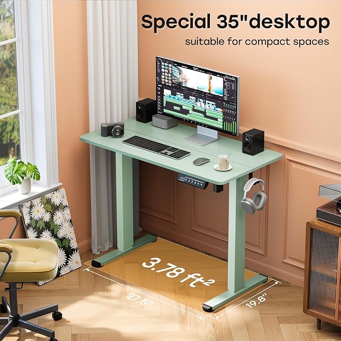 Small Standing Desk, 35" ×20" Electric Standing Table, Height Adjustable Compact Sit Stand Workstation with Splice Board, Home Office Desk with 2 Hooks, Sage Green