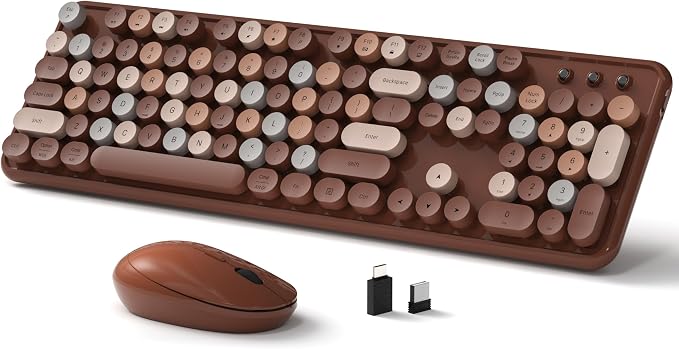Links9+ Colorful Wireless Keyboard and Mouse Combo (Coffee Colorful) | Full-Size Retro Typewriter Style Keyboard with Vintage Round Keycaps, 2.4G Wireless Set for Windows, Mac, Laptop, PC, Desktop