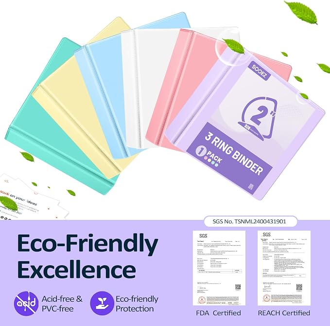 Sooez 3 Ring Binder 2 Inch, D-Ring Binder with Pocket, Olive Green, 8.5x11 | Holds 520-Sheet of Letter Paper, Extra Durable, PVC-Free, Clear View Cover, Interior Pockets, Eco-Friendly, School, Office